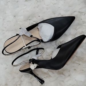 Coutgo black vegan pump slingback Rhinestone ankle straps pointed toe sz 8 NEW